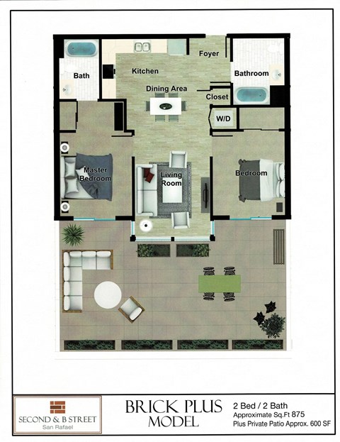 Floor plan for 2 beds, 2 baths, 885 sqft
